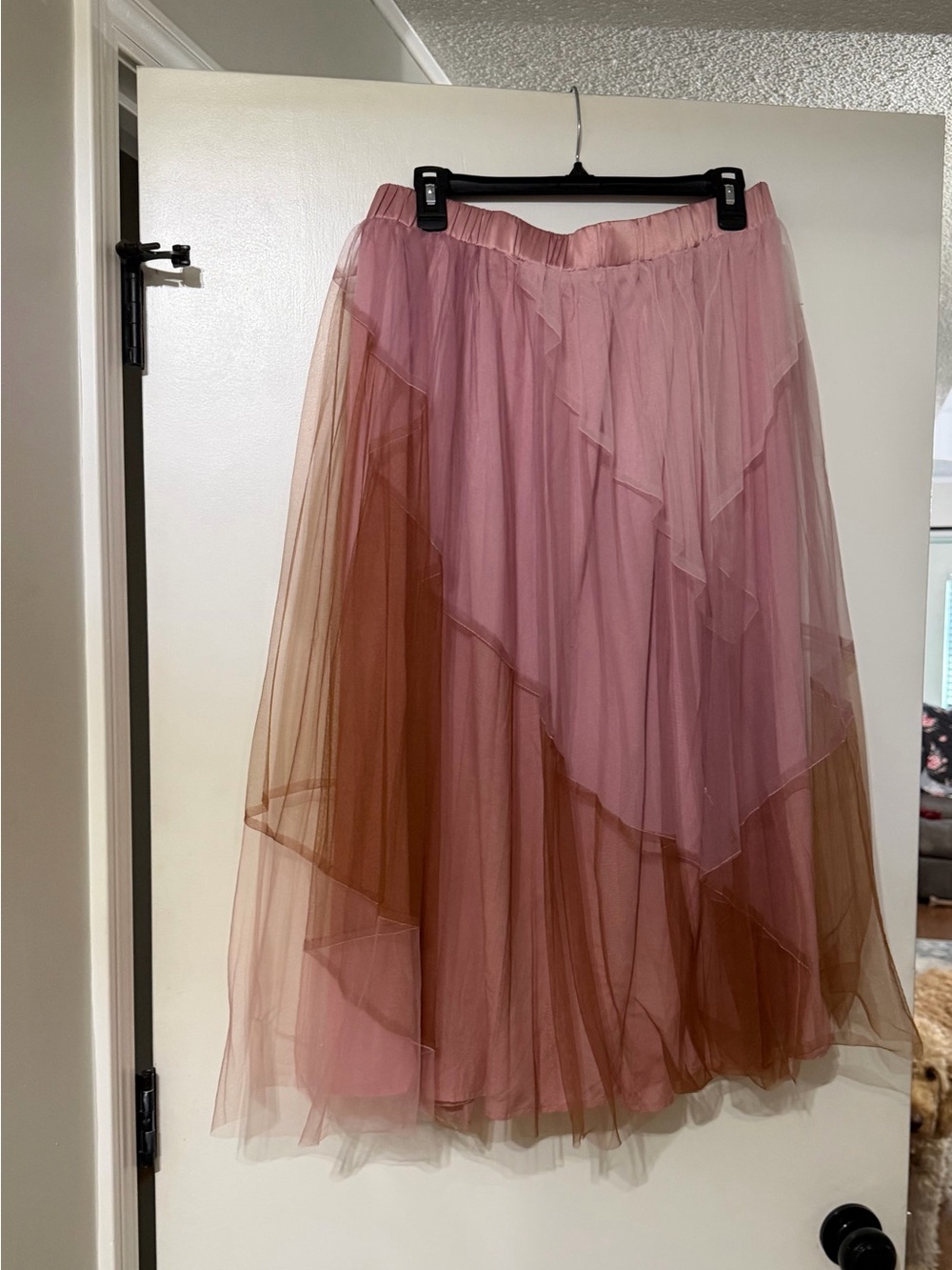 white birch Pink and mauve Layered Tulle Midi Skirt with Elastic Waist